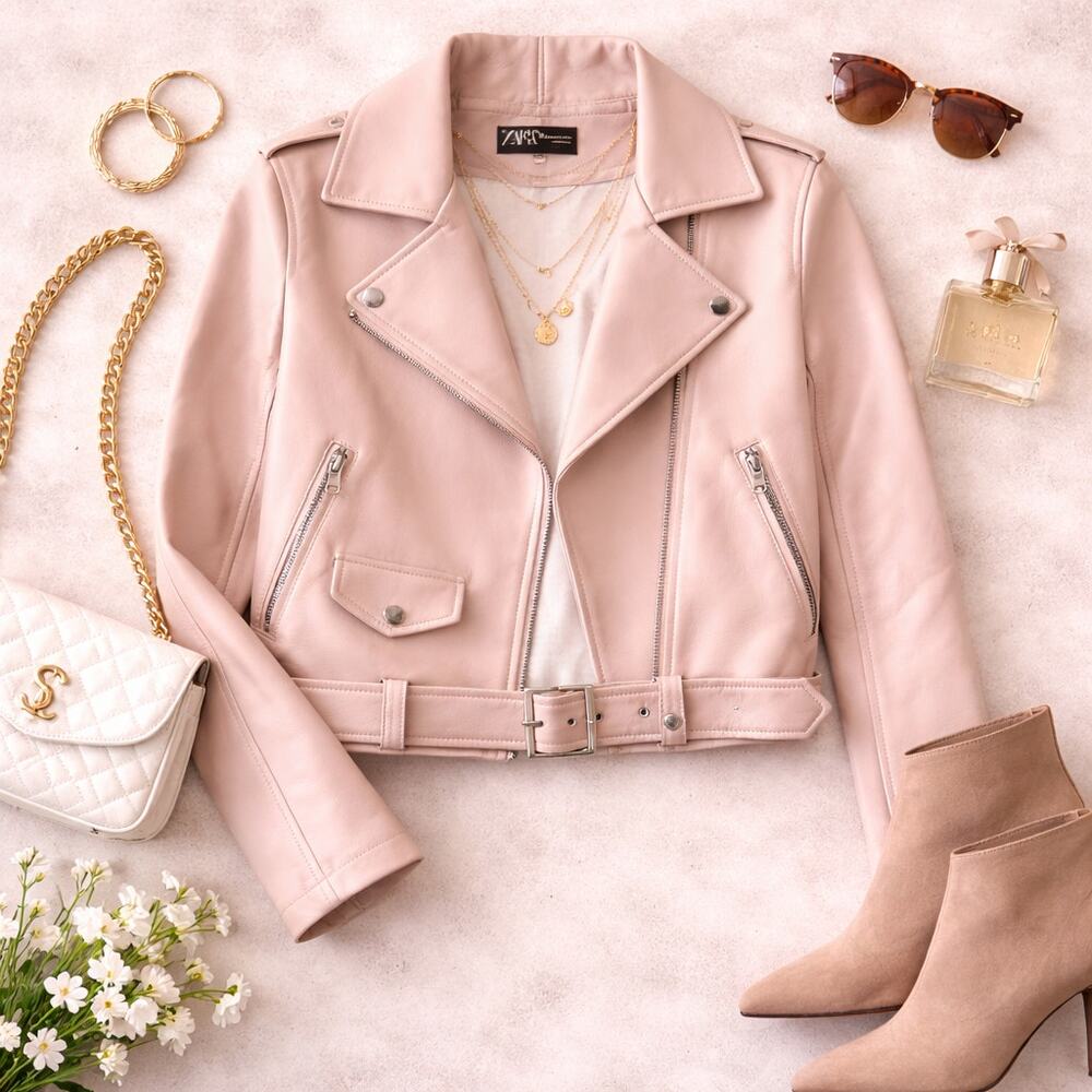 Zara Moto Jacket Womens Medium Blush Pink Beige Faux Leather Biker Cropped